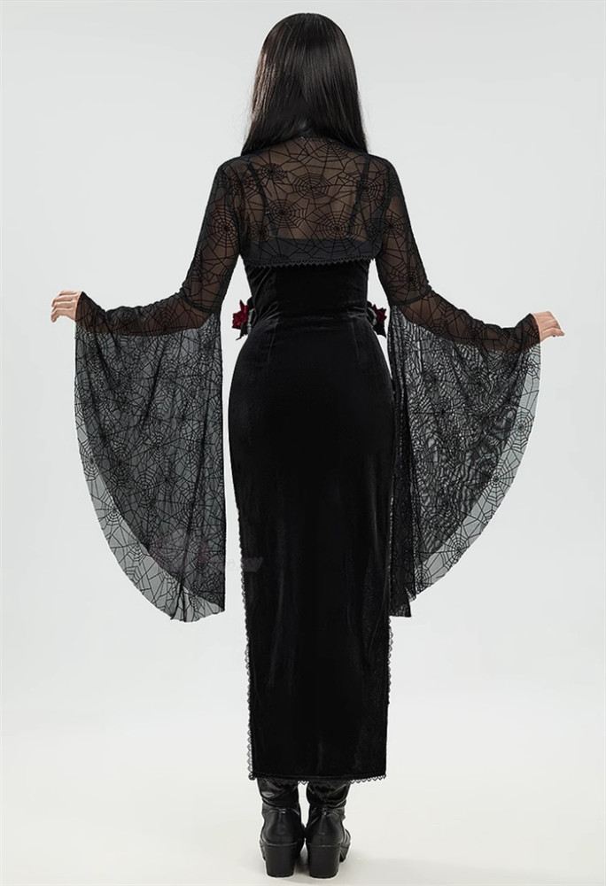 Sexy Elegant Black Spider Web Skull Rose Decoration Gothic Style Vampire Halloween Slit Dress Costume