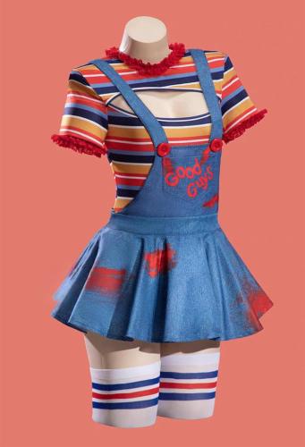 Child's Play Chucky Halloween Gothic Bodysuit Overalls Set Multicolor Striped Cutout Bodysuit Cosplay Costume