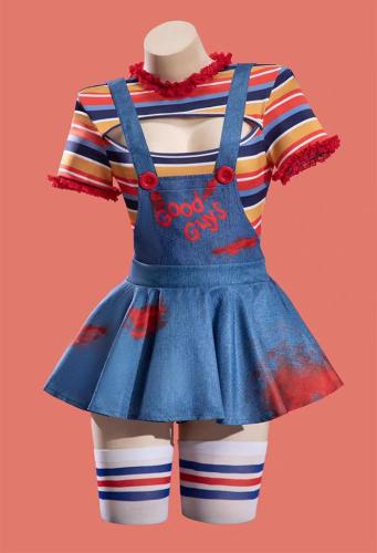 Child's Play Chucky Halloween Gothic Bodysuit Overalls Set Multicolor Striped Cutout Bodysuit Cosplay Costume