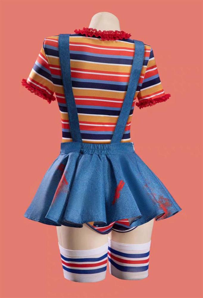 Child's Play Chucky Halloween Gothic Bodysuit Overalls Set Multicolor Striped Cutout Bodysuit Cosplay Costume