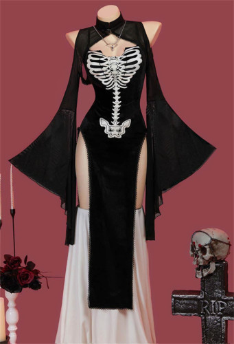 Cute Sexy Goth Halloween Skeleton Black Dress Costume