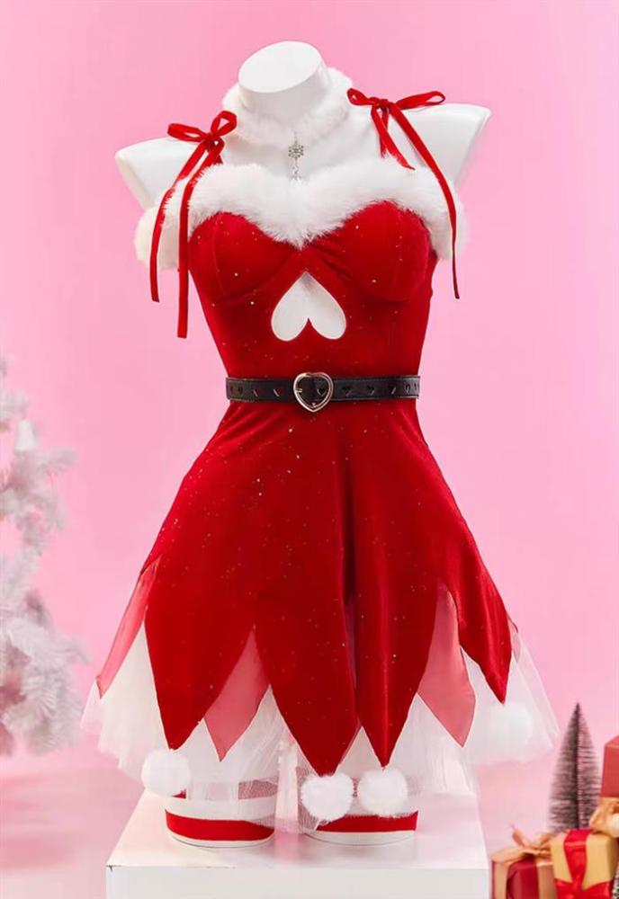 Red Wool Christmas Little Elf Sexy Dress Cosplay Costume