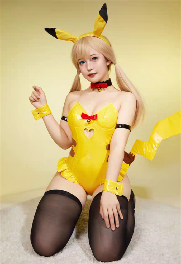 Pikachu Bunny Girl Shinny PU Bodysuit Jumpsuit Cosplay Costume