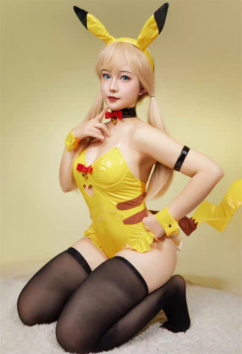 Pikachu Bunny Girl Shinny PU Bodysuit Jumpsuit Cosplay Costume