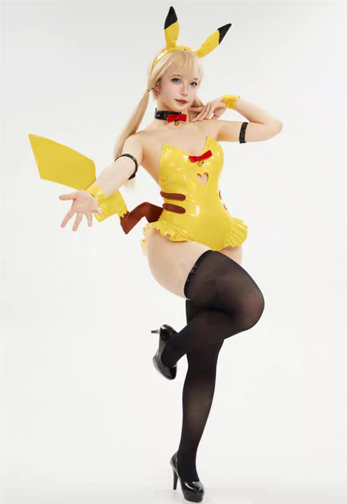 Pikachu Bunny Girl Shinny PU Bodysuit Jumpsuit Cosplay Costume