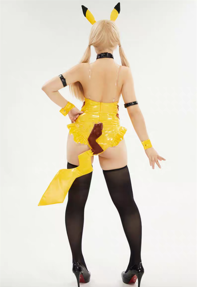 Pikachu Bunny Girl Shinny PU Bodysuit Jumpsuit Cosplay Costume