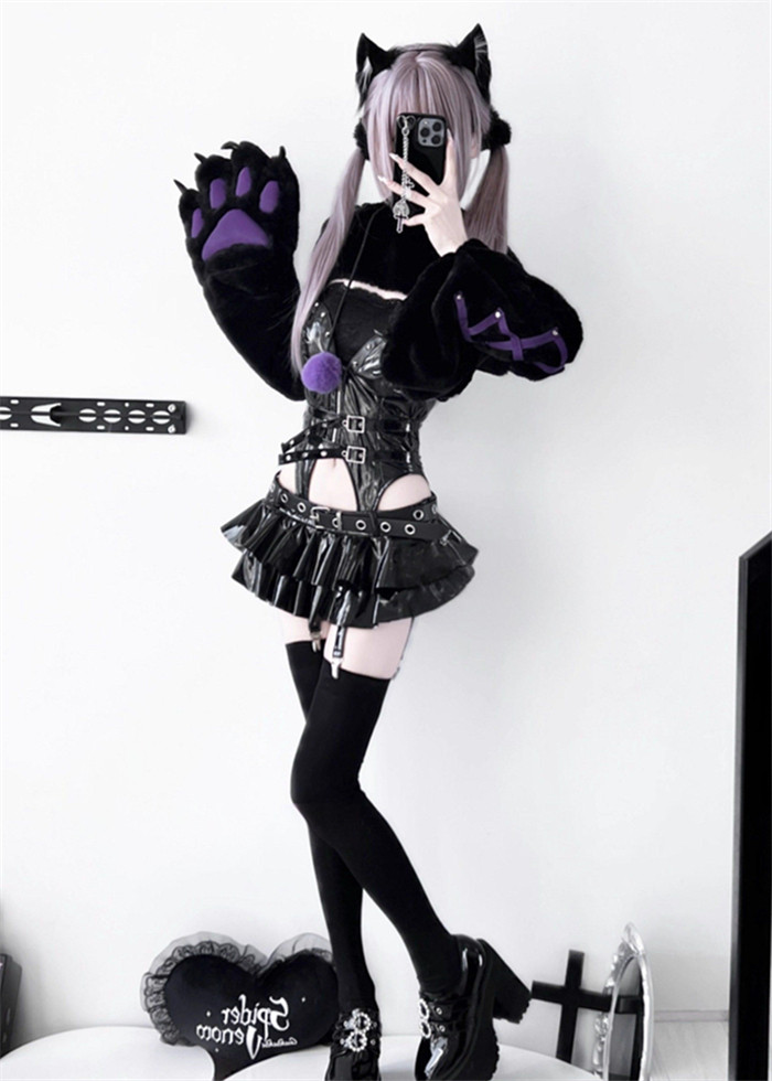 Bbunny PU Y2K Little Devil Demon Sexy Catgirl Costume with Furry Paw
