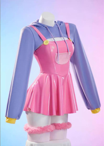 Bbunny Rabbit Derivative Jax Cosplay Costume Shinny PU Dress with Short Hooded Jacket and Gloves