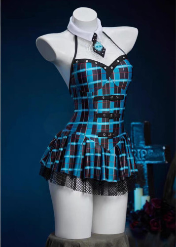 Bunny Blue and Black Plaid Derivative Frankie Gothic Dress Swimsuit Women Halloween Costume