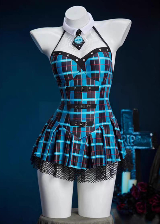 Bunny Blue and Black Plaid Derivative Frankie Gothic Dress Swimsuit Women Halloween Costume