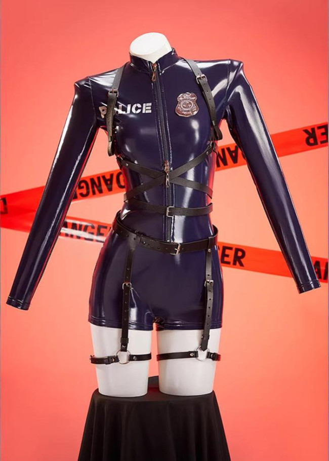Bbunny Shiny PU Jumpsuit Bodysuit Long Sleeve Policewoman Cosplay Costume