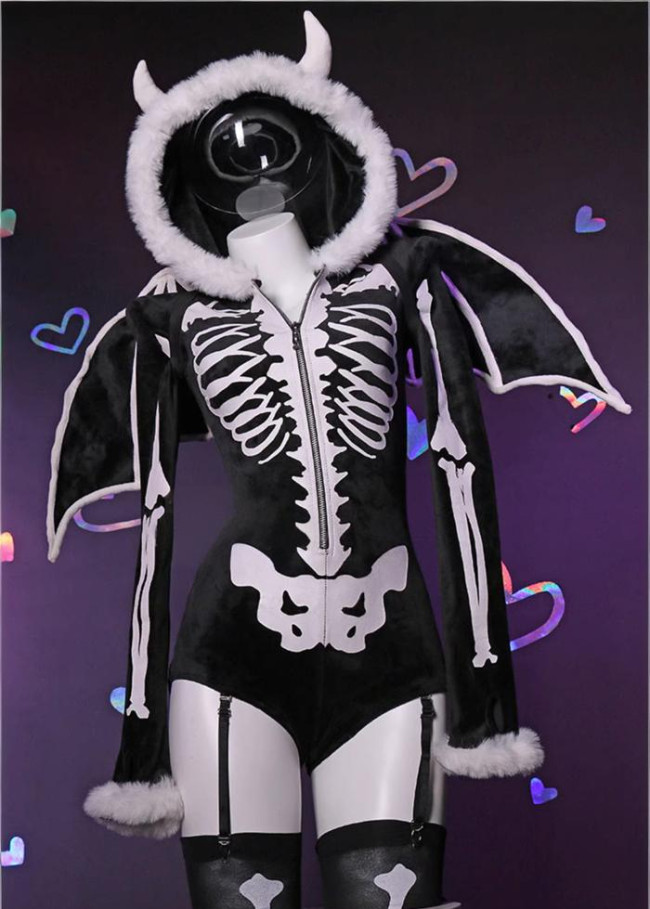 Bbunny Hooded Furry Jumpsuit Boysuit Romper Goth Skeleton Halloween Costume with Devil Wings