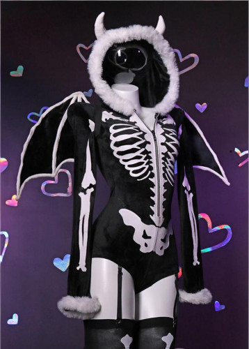 Bbunny Hooded Furry Jumpsuit Boysuit Romper Goth Skeleton Halloween Costume with Devil Wings