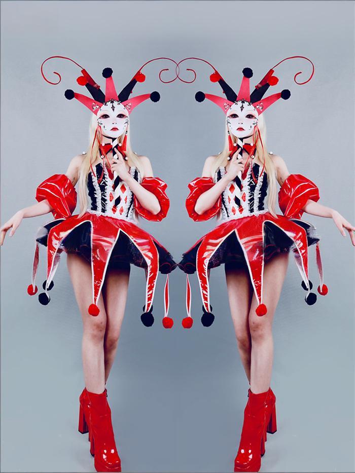 Glossy Patent Leather Circus Joker Clown Dress Halloween Costume