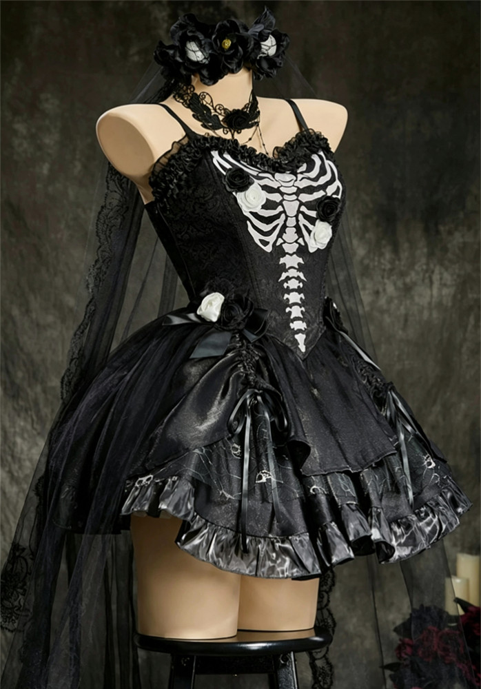 Black Gothic Skeleton Y2K Dress Halloween Costume