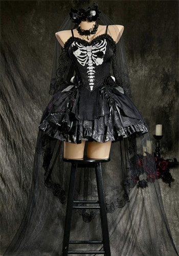 Black Gothic Skeleton Y2K Dress Halloween Costume