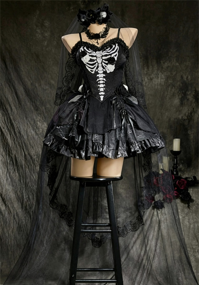 Black Gothic Skeleton Y2K Dress Halloween Costume
