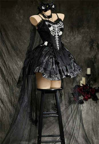 Black Gothic Skeleton Y2K Dress Halloween Costume