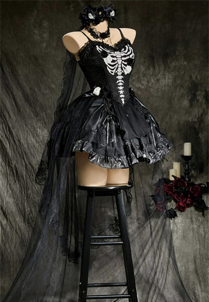 Black Gothic Skeleton Y2K Dress Halloween Costume