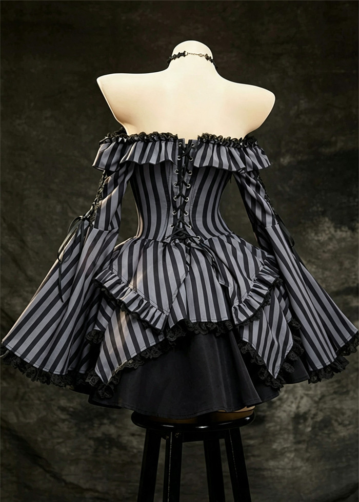 Bbunny Off the Shoulder Retro Stripe Gothic Halloween Costume Dress for Women