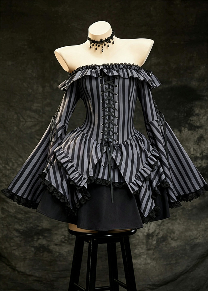 Bbunny Off the Shoulder Retro Stripe Gothic Halloween Costume Dress for Women