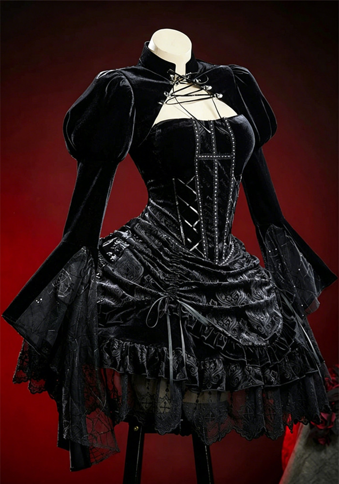 Black Velvet Gothic Dress Bolero Halloween Costume for Women
