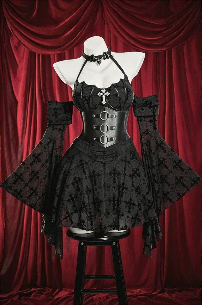 Bbunny Blood Cross Halter Gothic Dress Halloween Costume with PU Corset