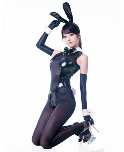 PU and Tulle Patchwork Cute Sexy Bunny Girl Costume with Fur Ball Tail