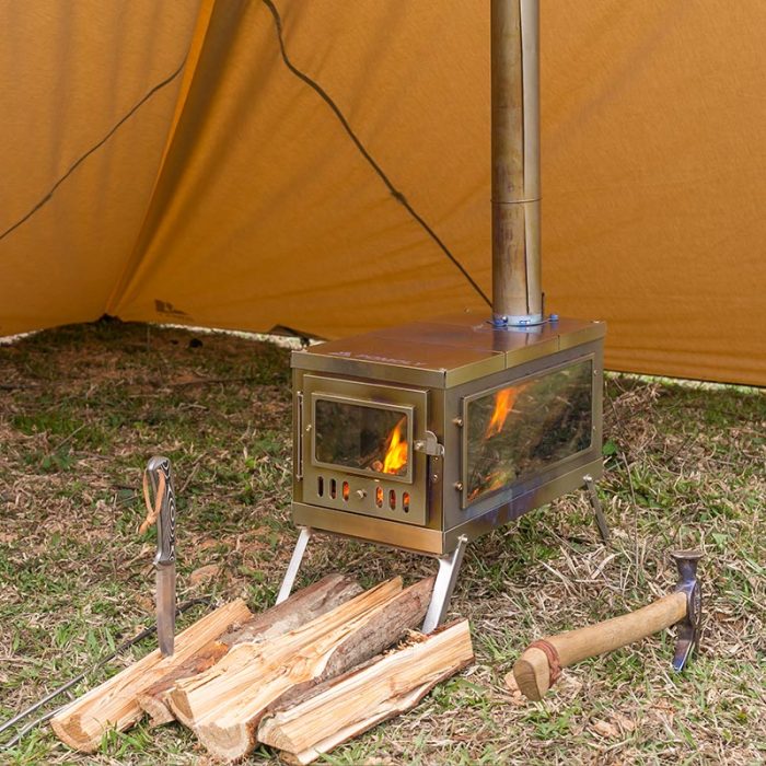 Poêle à bois de tente en acier inoxydable avec tuyaux de cheminée
