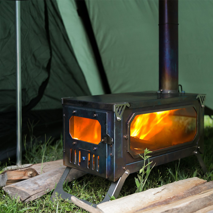 Fitinhot Poêle à bois de camp, réchaud à bois portable avec tuyaux de  cheminée, réchaud de camping à surface en titane amélioré, verre résistant  à la