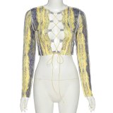 Print Patchwork Hollow Out Bandage Elastic Sexy Tops