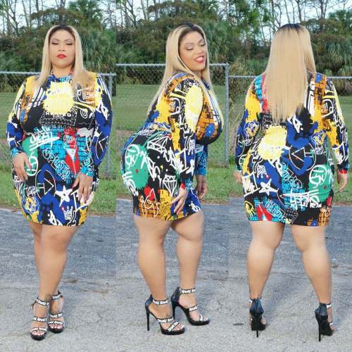 Fashion Graffiti Print Bag Hip A-line Plus Size Dress Sexy Club Party Mini Dress XL-5XL 142435