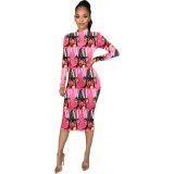 WAP Candy Color Printed  Dress  Midi Nightclub Party Chic Sweet Dresses D9444