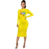 WAP Candy Color Printed  Dress  Midi Nightclub Party Chic Sweet Dresses D9444