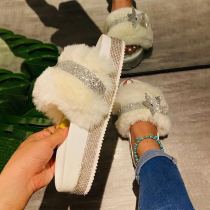 Rhinestone Fox Fur Durable Non-slip Casual Fur Slides