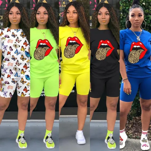 Fashion 5 Color Print Two Piece Set  Top + Biker Shorts  Tracksuit Bodysuit 01829