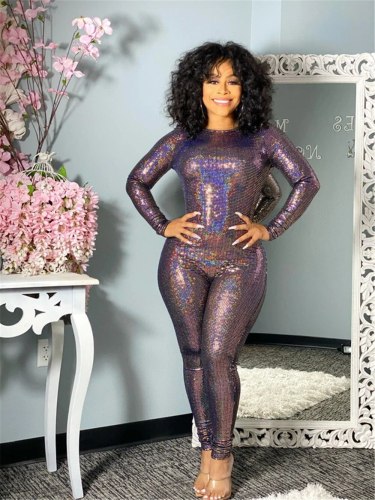 Sequins Jumpsuit Sexy Hollow Out Slim Glitter Bodysuit  KG18192