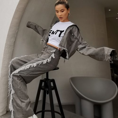 Gray DenimTop High Waist Casual Tassels Patchwork Streetwear Bodysuit Bodysuits TSE2818899