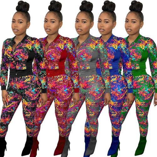 Fashion Sports Two Pieces Sets Stand Neck Zipper Long Sleeve Graffiti Printing Traclsuit Tracksuits