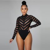 Sexy Sheer Mesh Geometric Print Long Sleeve Jumpsuit  890314