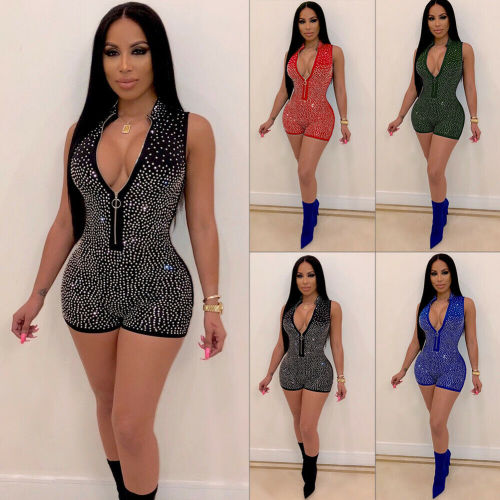 Sexy Zipper Sequins Shining Sleeveless Bodycon Bodysuit Bodysuits 835768