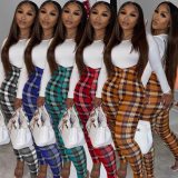 Fashion Fitness Top and Plaid  High Wait Sweatpants Bodysuit Bodysuits CL610112