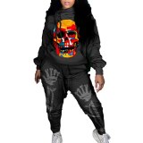 Halloween Skeleton Print Drawstring Hoodie Tracksuit Tracksuits 107889