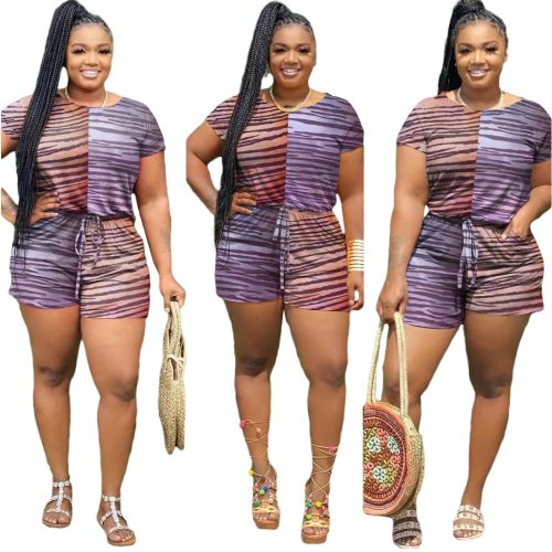 Fashion Striped Printing Jumpsuit Jumpsuits  High Waist Short Romper Rompers Q714051