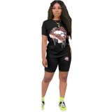 Exaggerated Lips Print Pullover T-shirt + Elastic Waist Shorts Bodysuit Bodysuits