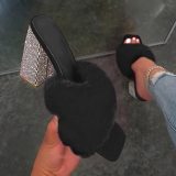 New Fur Rubber High Heel Rhinestone Outdoor Leisure Slippers Banquet Party Sandals 602233