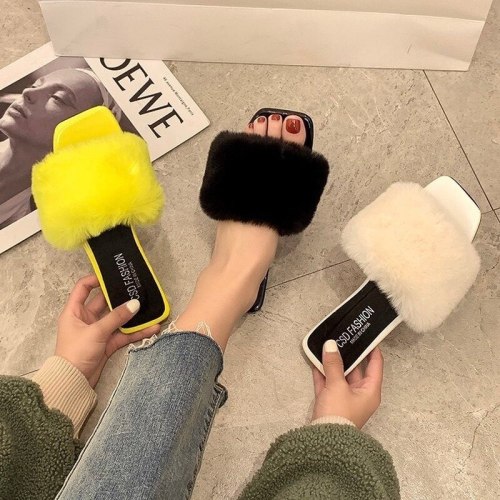 Color Plush Slippers for Women's Outer Wear