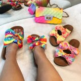 Fashion sexy multicolor printing Double bow slippers slides