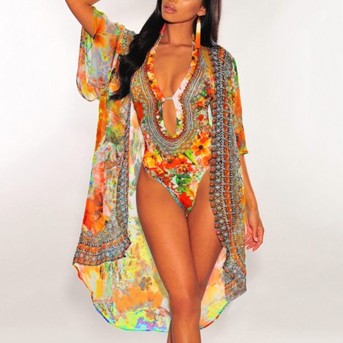 Women Sexy Print Playsuit+ Cloak Coat Swimsuits Plus Size H9559610