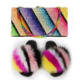 Summer Fluffy Fox Fur Slides + Rhinestone Rainbow Bag